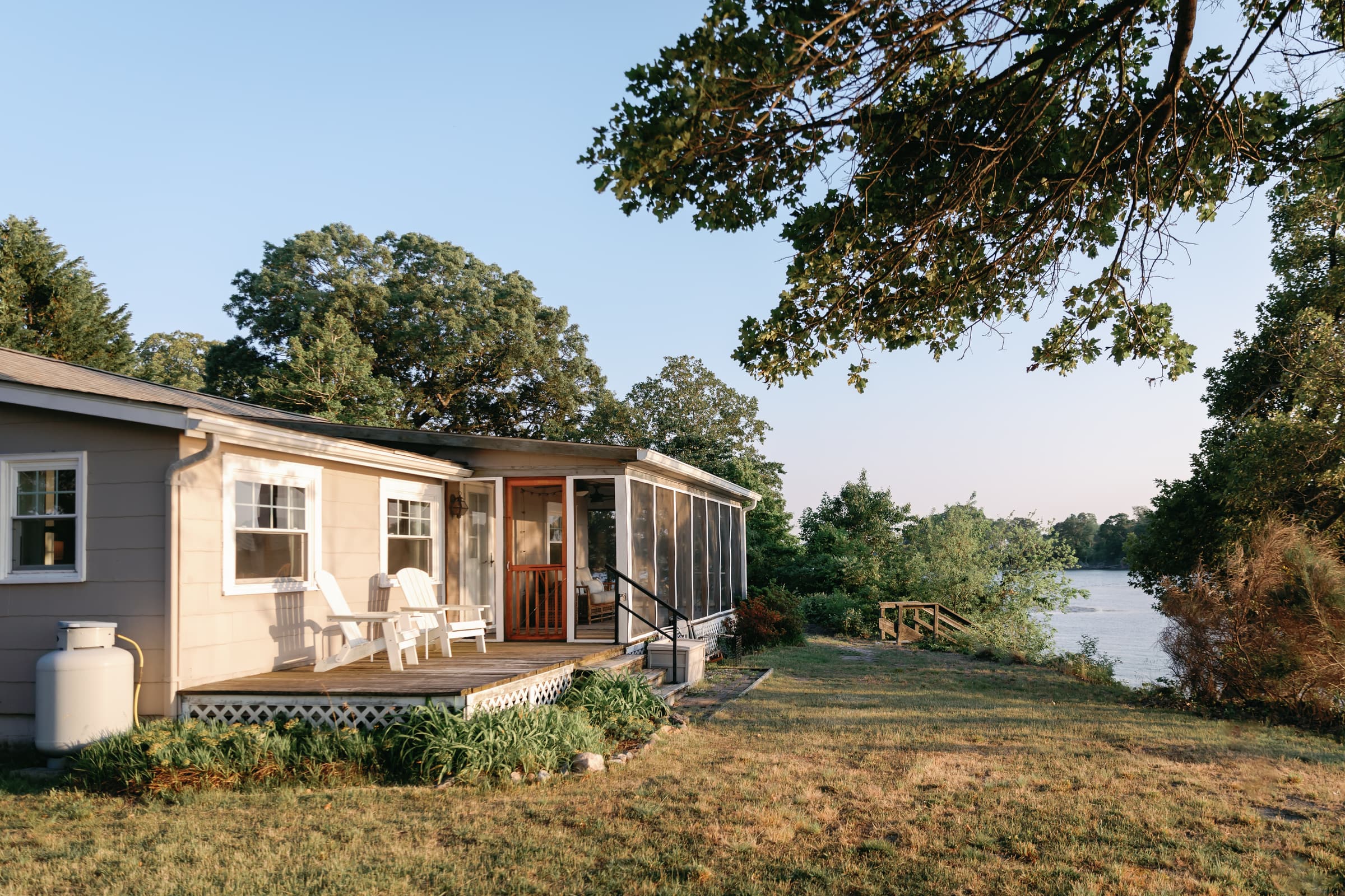 A waterfront cottage on Hull Creek near Reedville, Virginia, the creek opening up beside it.
