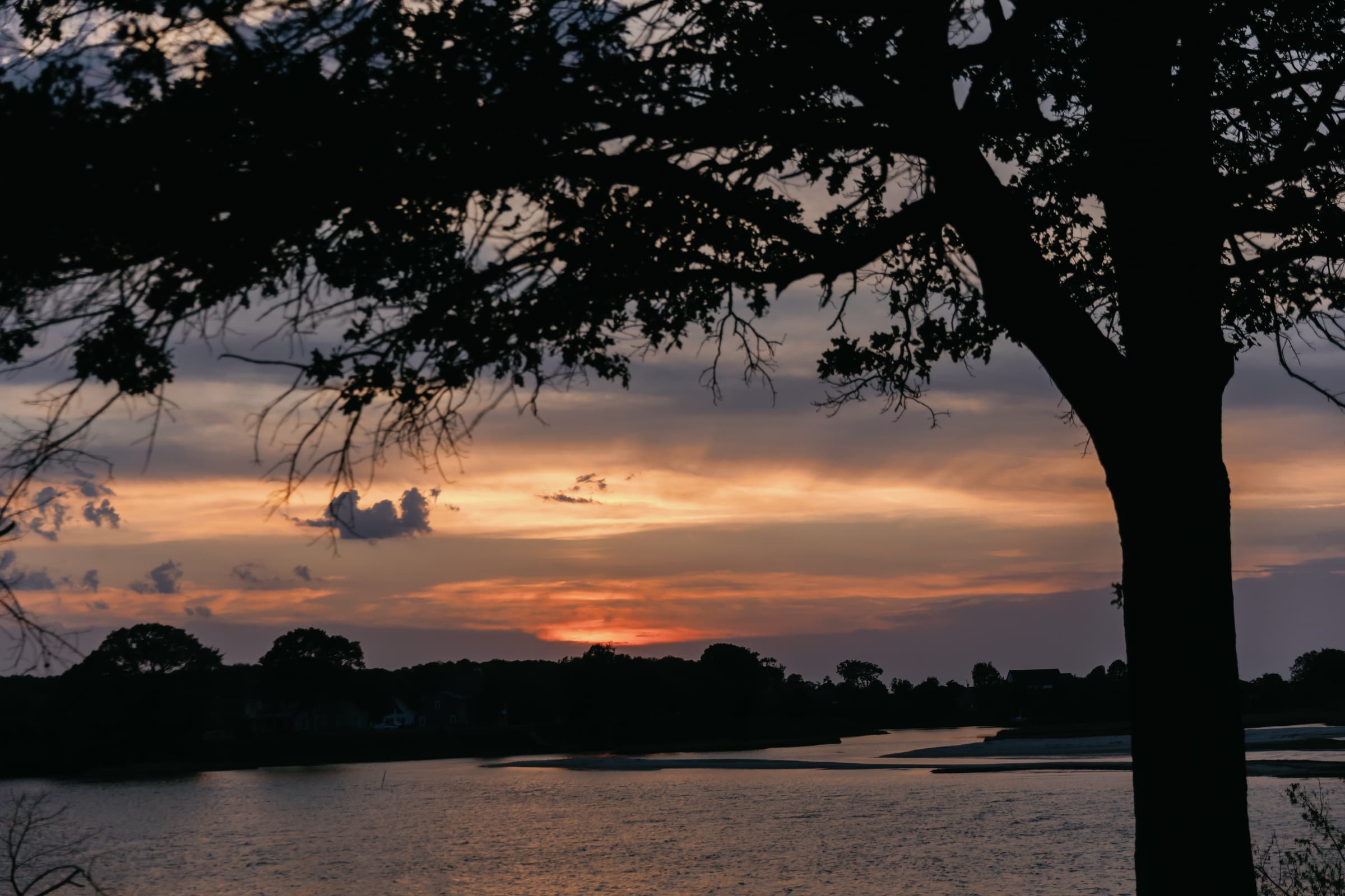 Sunset over Hull Creek at Captain's Cottage, a lone oak silhouetted against an orange sky above calm water.